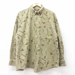 XL/古着 長袖 シャツ メンズ 00s 鳥 魚 コットン ボタンダウン 緑系 グリーン 25aug04 中古 トップス