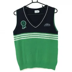 ★特価★【美品】アディダス ニットベスト グリーン×ネイビー 凹凸編み ウール混 Vネック レディース L/G ゴルフウェア adidas