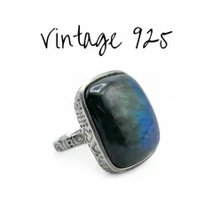 【神秘的な輝き】ラブラドライト 天然石 Silver 925 刻印 90s Vintage Design Ring シルバー ヴィンテージ デザイン リング 8号 指輪