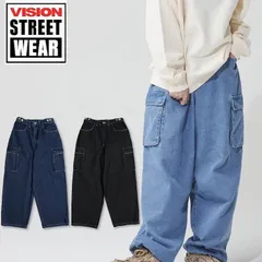 新品 メンズ VISION STREET WEAR VISIONSTREETWEAR ヴィジョンストリートウェア パンツ ズボン ボトムス デニム カラーデニム カーゴパンツ デニムカーゴパンツ スケーターパンツ ワイド ブルー サックス ネイビー ブラック