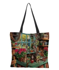 かわいい猫のトートバッグ ガーデンテーブル 花と子猫たち 両面プリント おしゃれ キャンバス 約39×39cm