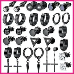 ブラック Jstyle 【15ペアセット】 ピアス メンズ 人気 ステンレス プラチナ ブラック スタッド ピアス ジルコニア セット ピアス フープ クロス ダングル フープ アレルギー対応 ピアス 軟骨 ピアス 男性 (ブラック)