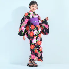 【2点セット】キッズ 子供 浴衣 しわへこ 帯とセット 黒 椿 和がまま 100〜150cm P2