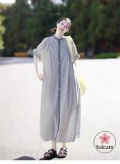 シャツワンピース 夏 ストライプ シャツワンピース レディース 半袖 ノーカラー ロングワンピース 立ち襟 シャツワンピ ストライプ マキシ