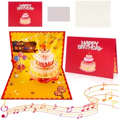 誕生日ケーキ 寄せ書き 祝福カード 立体 封筒付き 手作りの贈り物 折りたたまれたハッピーバースデーカード 3Dポップアップカード 音楽とライト付き 結婚祝い おしゃれ光り グリーティングカード メロディ付き (ストロベリーケーキ音楽カード) バースデーカード