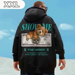 クマ プリント パーカー メンズ XXL 黒 秋冬 韓国ファッション ストリート カジュアル トレンド おしゃれ かわいい アニマル デザイン 裏起毛 フーディ 長袖 暖かい 通学 通勤 デート コーデ プレゼント ユニセックス トップス