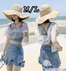 レディース水着ML　セパレート　ビキニ　無地　肩フリル　かわいい・韓国風　体型カバー・おしゃれ・ブルー　青　フェミニン　　きれいめ　ハイウエスト　洋服みたい　おなか隠す　足隠す　盛る&盛れる　背中開き　露出少ない　上品セクシー　パット付き　らくちんノンワイヤー