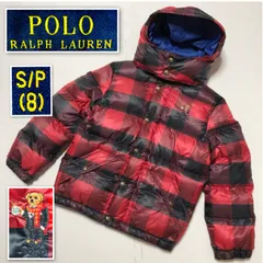 ■美品■希少ポロベア■POLO RALPH LAUREN ポロラルフローレン　ポロベアー刺しゅう　ダウンジャケット　フーディー　フード　チェック柄　キッズサイズ　S/P 8 140 (レディースサイズS相当) レッド×ブラック　ゴールド金具