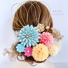 つまみ細工髪飾り【ターコイズ×ピンク】成人式　七五三　和装　着物　結婚式　卒業式