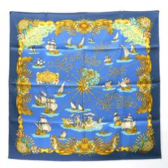 HERMES カレ90 Voiles de Lumiere 光の帆船 青系 船 シルク スカーフ 箱 エルメス ◆送料込◆質屋-11058i