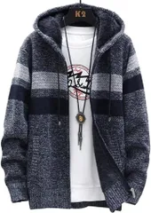 emptio エンプティオ フード付き ニットジャケット メンズ アウター フルジッパー トップス ジップパーカー 長袖 グレー(ブラックグレー,  L)