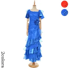 xオーガンジー　サテンフリルデザイン　ロングドレス♪レッド　ロイヤルブルー　Ｍサイズ