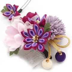 髪飾り ２点セット 紫 つまみ細工 ダリア 成人式 花 和風 浴衣 着物 振袖 袴 ドレス 七五三 子供 結婚式 お呼ばれ 卒業式 入学式 ヘアコーム 髪留め ヘアアクセサリー 大きめ 日本製 送料無料 ムラサキ W78 324-289 u967　Si