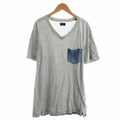 ディーゼル DIESEL Tシャツ カットソー Vネック ロゴプレート カットオフ ダメージ加工 フリンジ デニムポケット 半袖 M グレー ■SM3 /SE
