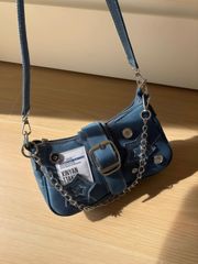 **Y2Kミレニアル風 スターデニムショルダーバッグ - ブルー＆ブラック チェーン付き 月型アンダーアームバッグ**