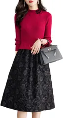 blue beryl ドッキングワンピース レディース リブニット 花柄 長袖 チャイナボタン BB023(レッド,  M)