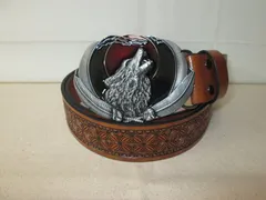 ベルト ウルフ 狼 ムーン 月 満月 デザイン バックル PUレザー ブラウン メンズ レディース カジュアル バイカー ウェスタン風 かっこいい