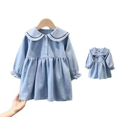 ワンピース キッズ デニムワンピース 長袖  春秋  おしゃれワンピース ジュニア服 子供服 女の子 ロングワンピース フリルワンピース プリーツワンピース デニム  無地 可愛い  通学  女児 折#ljt0304