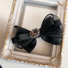 犬用リボン　バレッタ　ハンドメイド　ブラック　ドット　大人可愛い