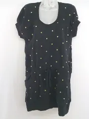 ◇ SUNAOKUWAHARA ドット 水玉 刺繍 ウエストリボン 半袖 ミニ ワンピース サイズM ブラック ゴールド系 レディース P  【1301270012496】