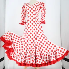 赤地に白水玉4cm、袖フレンチスリーブ、2段のフラメンコ衣装ワンピース！