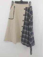 ◇ tocco closet チェック 切替 膝下丈 フレア スカート ベージュ系 ネイビー マルチ レディース E  【1302010028784】