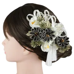 髪飾り 成人式 振袖 3点セット 灰色 ダークグレー 白 ゴールド つまみ細工 剣つまみ 房 房付き 組紐 造花 レース リボン カス No.9-5372