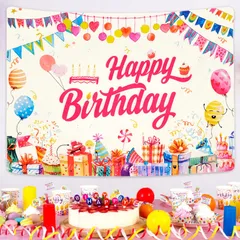 【大人気】Shiny Flower バースデー タペストリー 誕生日 飾り付け ハッピーバースデー Happy Birthdayタペストリー 壁掛け 大きい 大判 男の子 女の子 子供 大人 横 横長 風船 ケーキ パーティー お祝い 背景 壁飾り 装飾 おし