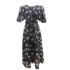 ザラ ZARA ワンピース マキシ ロング 腰開き 刺繍 花柄 バルーンスリーブ 五分袖 XS 黒 ブラック /AU