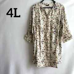 4Lアイボリー総柄花柄ワンピースチュニックブラウス長袖ゆったり大きいサイズ