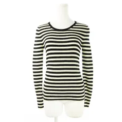 ナチュラルビューティーベーシック NATURAL BEAUTY BASIC ニット セーター リブ ラウンドネック 長袖 ウール ストレッチ 起毛 柔らか ボーダー M 黒 ブラック 白 ホワイト /CK6