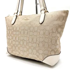 ✨良品✨ COACH コーチ トートバッグ ハンドバッグ  シグネチャー 総柄 馬車金具 A4収納 大容量 ゴールド金具 キャンバス レザー レディース ベージュ 肌色 ホワイト 白色