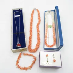 ネックレス 珊瑚 サンゴ 本珊瑚 さざれ石 ネックレス ブレスレット イヤリング 5点セット