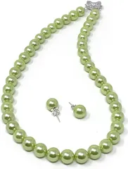 K&R パールネックレス 10mm珠 日本製 冠婚葬祭 結婚式 カジュアル 2点セット( 若草色,  42Cm イヤリング)