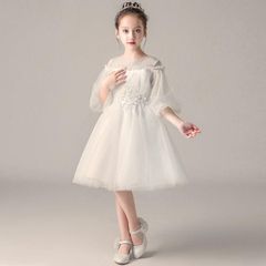 110サイズ ピアノ発表会 ドレス ワンピース ジュニア かわいい フリル パフスリーブ 七五三 子供 ホワイト 五分袖 透ける ショート丈 白 ホワイト da036c7