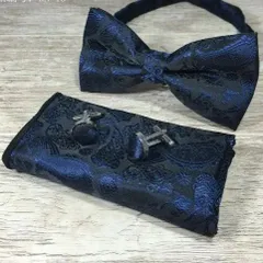 3点セット　蝶ネクタイ　チーフ カフス　結婚式 パーティー イベント ダンスパーティー  バーテンダー　ペイズリー　ブラック 黒色　ネイビー  紺　ワンタッチ スーツ ワイシャツ 格安 小物 メンズネクタイ ポケットチーフ カフスボタン 3点 セット