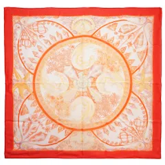 エルメス カレ 90 Parures Oceanes 貝殻 シェル ヒトデ スカーフ シルク100% オレンジ レッド 赤 HERMES