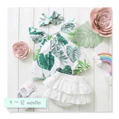 ベビー♥ リーフプリントトップス＆パンツ＆リボンセット 9-12months
