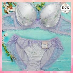 ★D75/M☆美胸ブラ＆ショーツセット 脇高 美シルエット 谷間メイク 脇サイドスッキリ オーガンジー 紫