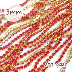 【 1m 】 約3㎜ ラインストーンチェーン 連爪 レッド×ゴールド台座