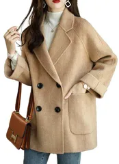 ダブルブレスト アウター コート シンプル レディース 無地 防寒 大きいサイズ チェスターコート あったか 無地 ハーフ丈 ピーコート [Hanmall] 春 秋 冬