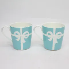 030)ティファニー TIFFANY & Co. ボウ マグカップ ペア 2客 セット ブルー リボン 水色 白 ホワイト 陶器 コップ カップ