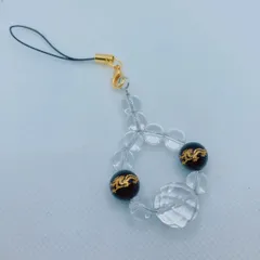 龍彫り🐉厄除け💎天然石ストラップ💎龍彫りオニキス10mm  水晶64面カット14mm 水晶10mm