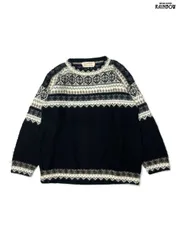 古着 総柄 ノルディック柄 アルパカ ピュアウール100％ 長袖 ニット セーター 黒 (ttu2509011)