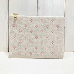 ミニポーチ【米刺し ピンク×たまご色】　刺し子・麻・帆布