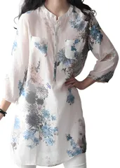 [アスペルシオ] きれいめ 花柄 7分袖 プルオーバー チュニック 大人可愛い お洒落 トップス レディース エレガント さらさら バンドカラー aライン アジアン アウトドア シアー ポケット付き シャツ ブラウス 涼しい [フラワーブルー(薄手)] [M]