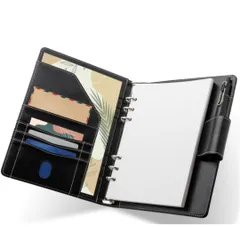 ★システム手帳 高級PVCレザー カバー A5 6穴 リング 【日本ブランド公認】ブラック バインダーノート リングノート ルーズリーフ式 メモ帳 手帳 収納ポケット搭載 ビジネスオフィス用品