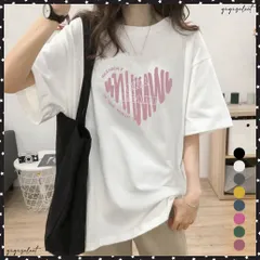 送料無料 半袖Tシャツレディース 夏 ロゴ 韓国風クルーネック tシャツ 半袖 ゆったり プルオーバー 夏トップス 体型カバー 配色ビッグTシャツ ハート ロゴプリントロングTシャツ黒白 ゆったりカットソー ゆるTシャツ着やせ