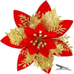 【新着商品】クリスマスツリーの造花 20個 クリップ付き キラキラパウダーで クリスマスオーナメント MIKAILE クリスマスツリー、花輪、カーテン、家を飾る (レッドゴールド)