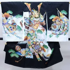 お宮参り 産着 のしめ 男児 男の子 正絹 着物 綸子地 豪華絢爛 金刺繍 兜 龍 軍配 黒地 祝着 NO36739
